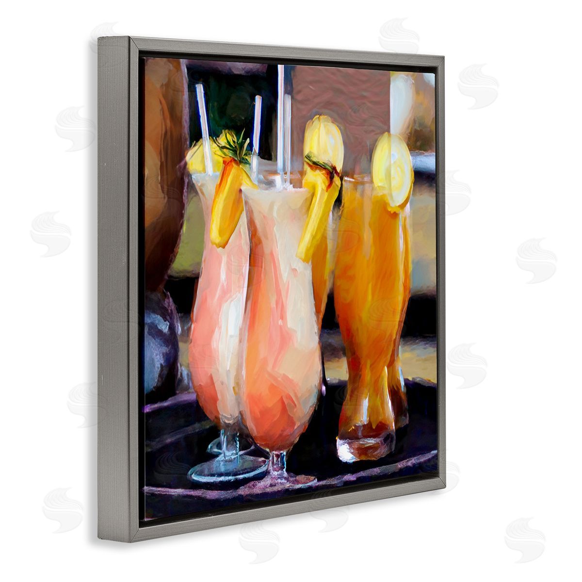 Mary Lou Johnson Tropical Cocktails on Tray Gray Floating Frame Canvas Wall Art Print