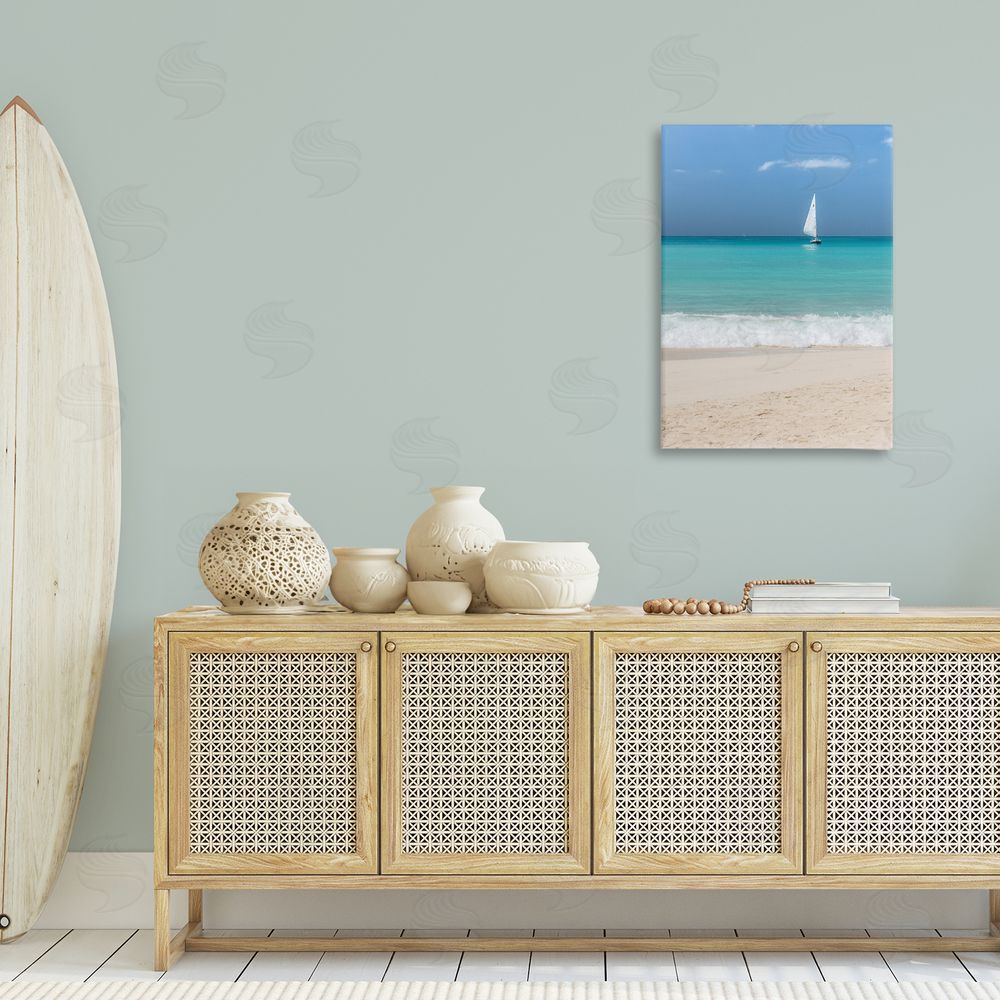 Mary Lou Johnson Lone Sailboat Beach Tide Canvas Wall Art Print in Room