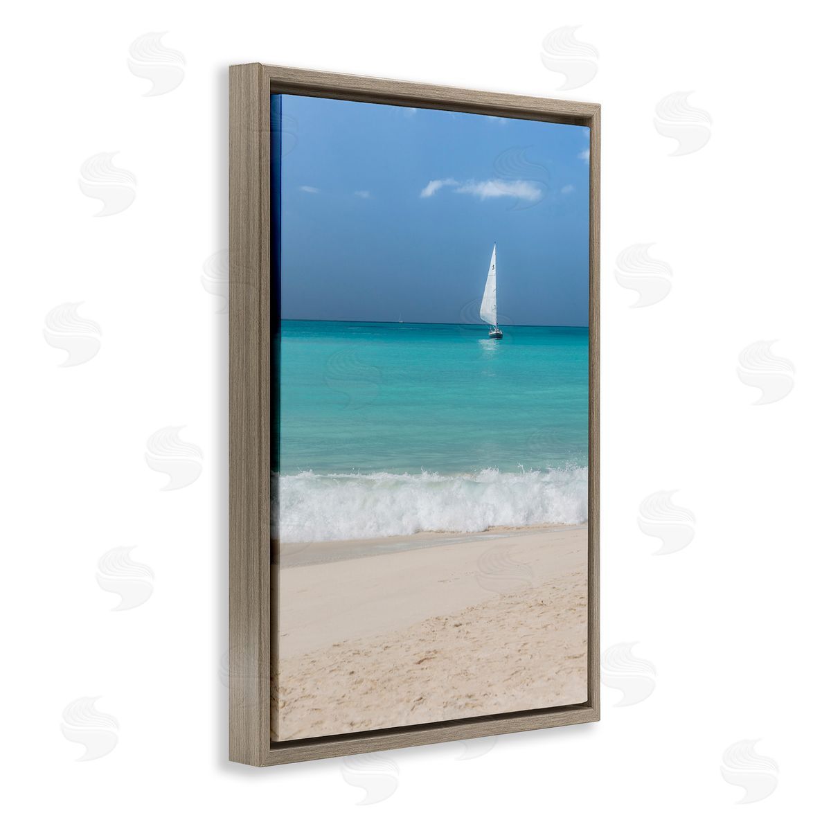Mary Lou Johnson Lone Sailboat Beach Tide Brown Floating Frame Canvas Wall Art Print