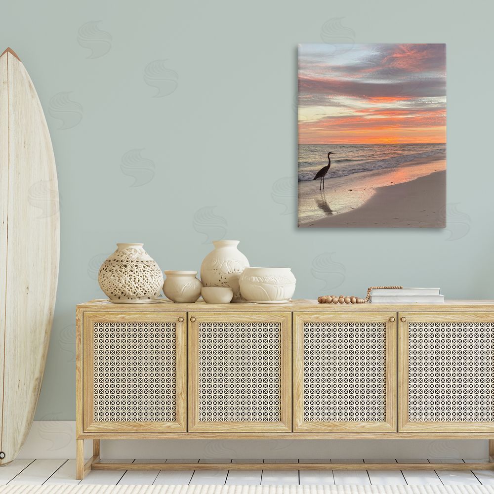Mary Lou Johnson Lone Egret on Beach Canvas Wall Art Print in Room