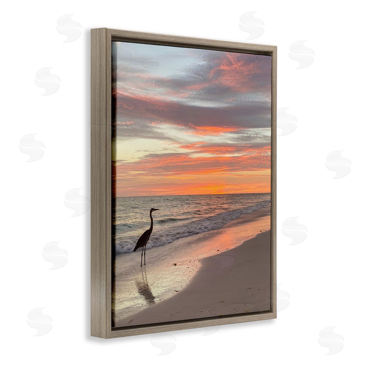 Mary Lou Johnson Lone Egret on Beach Brown Floating Frame Canvas Wall Art Print