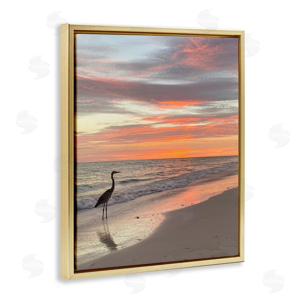 Mary Lou Johnson Lone Egret on Beach Gold Floating Frame Canvas Wall Art Print