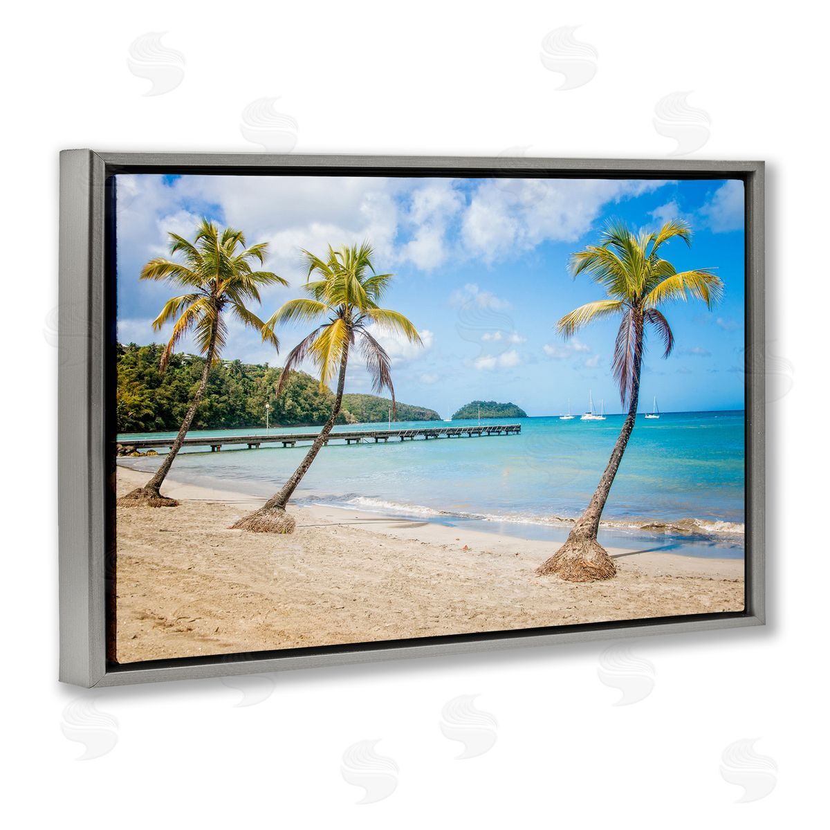 Mary Lou Johnson Tropical Palm Tree Trio Gray Floating Frame Canvas Wall Art Print