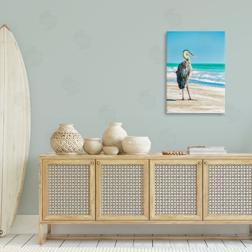 Mary Lou Johnson Reflective Beach Bird Canvas Wall Art Print in Room