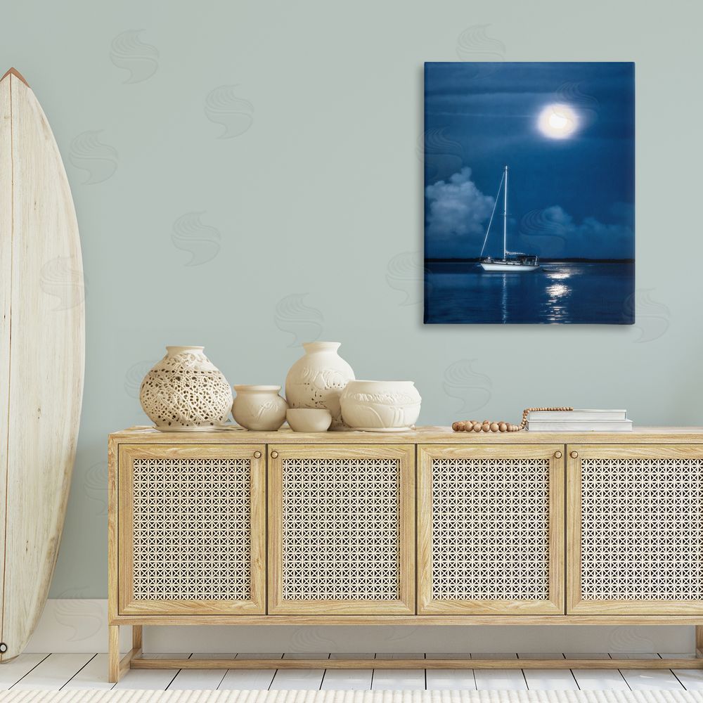 Mary Lou Johnson Moonlit Nighttime Sailing Canvas Wall Art Print in Room