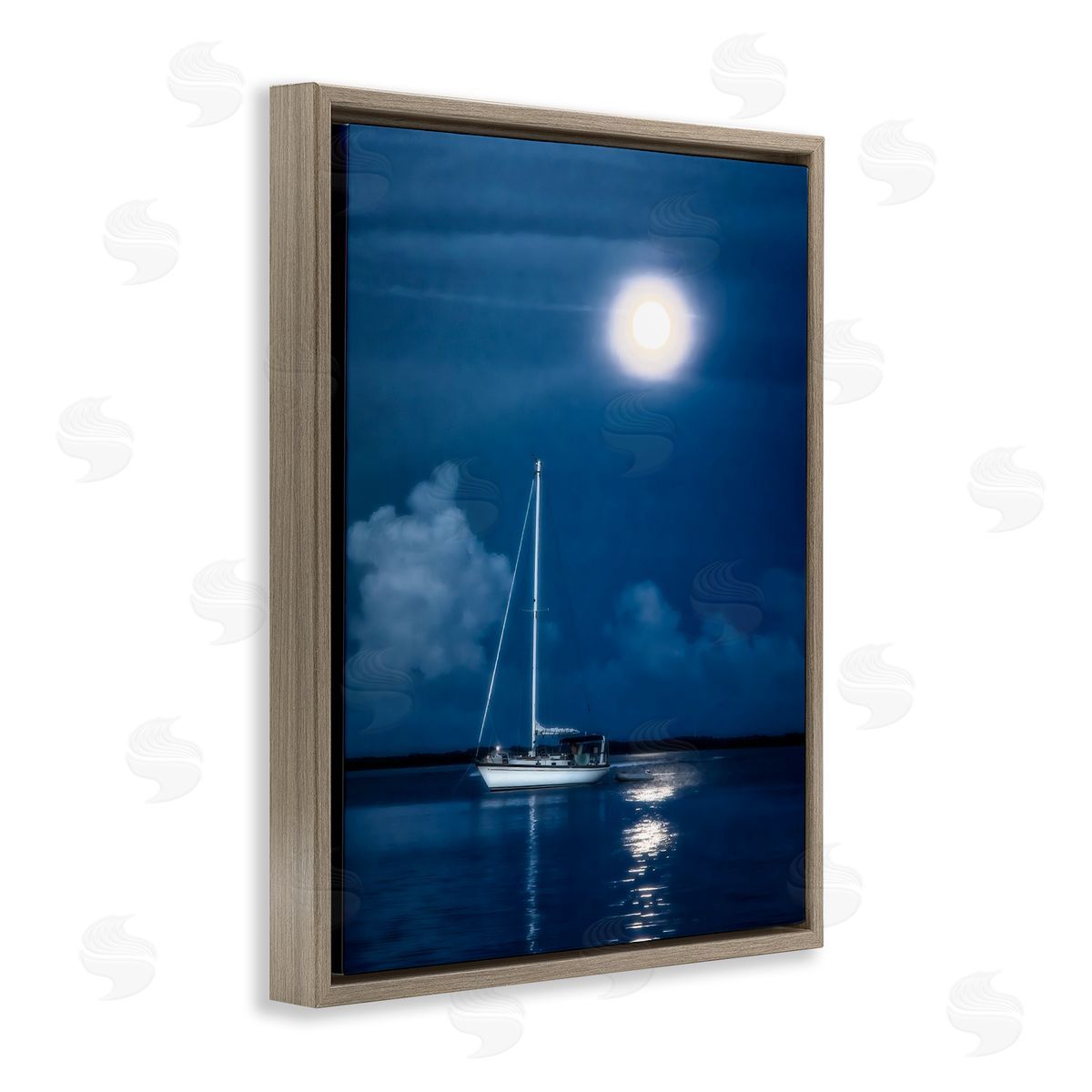Mary Lou Johnson Moonlit Nighttime Sailing Brown Floating Frame Canvas Wall Art Print