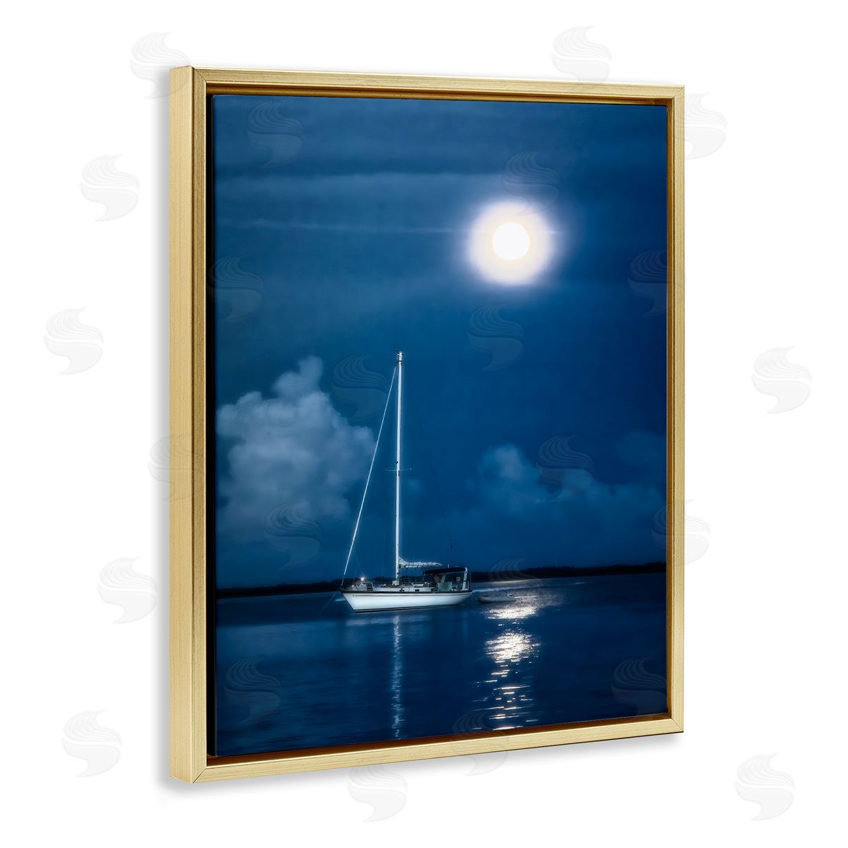 Mary Lou Johnson Moonlit Nighttime Sailing Gold Floating Frame Canvas Wall Art Print