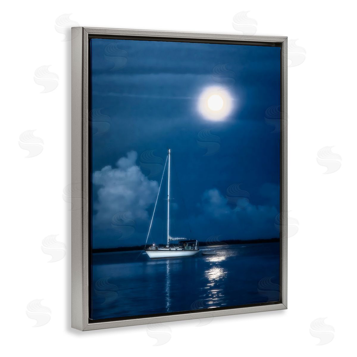 Mary Lou Johnson Moonlit Nighttime Sailing Gray Floating Frame Canvas Wall Art Print