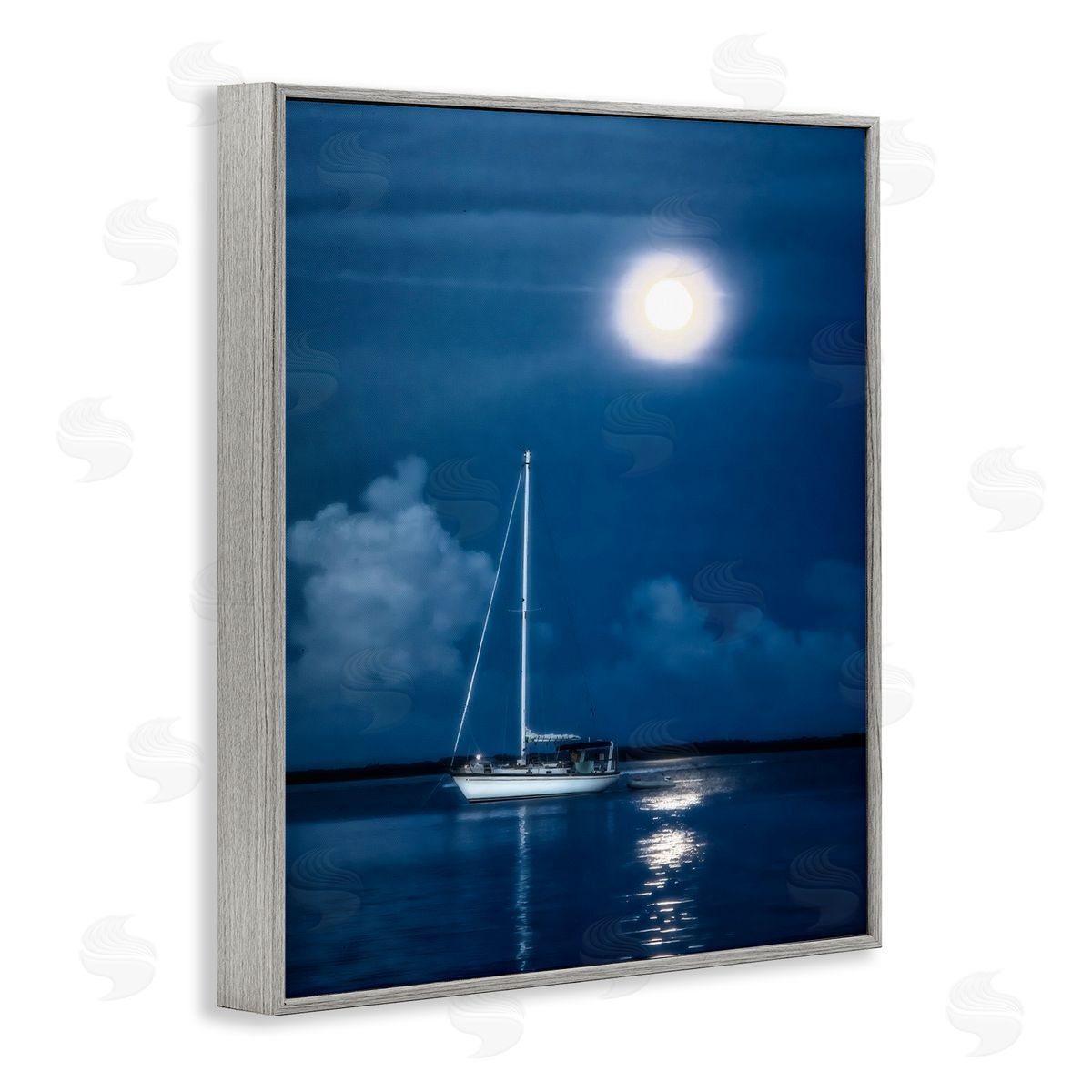 Mary Lou Johnson Moonlit Nighttime Sailing Gray Framed Giclee Wall Art Print