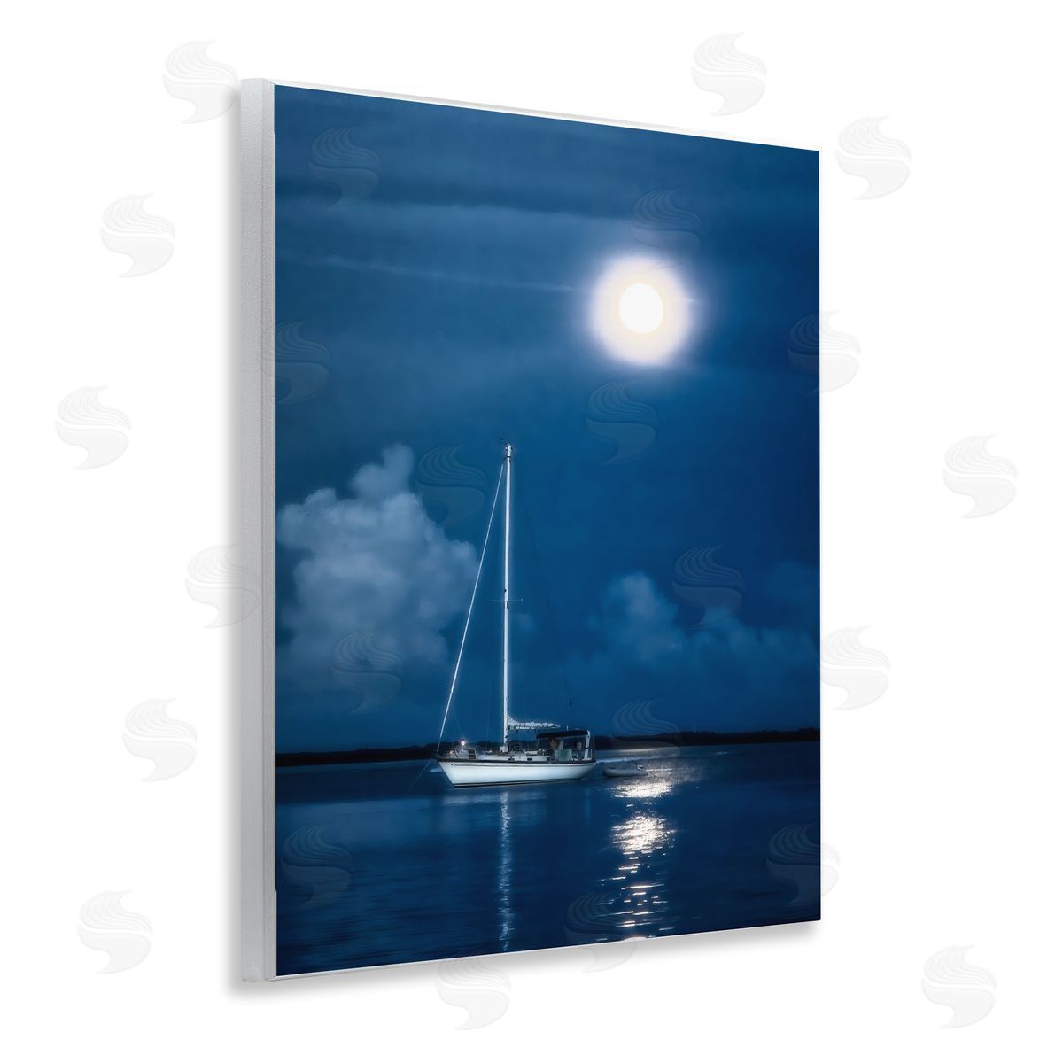 Mary Lou Johnson Moonlit Nighttime Sailing Wooden Wall Plaque Art Print