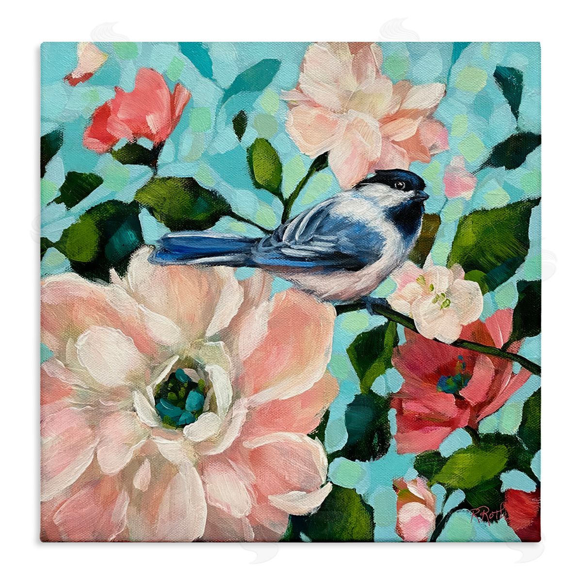 Raquel Roth Blue Bird & Bold Flowers Canvas Wall Art Print