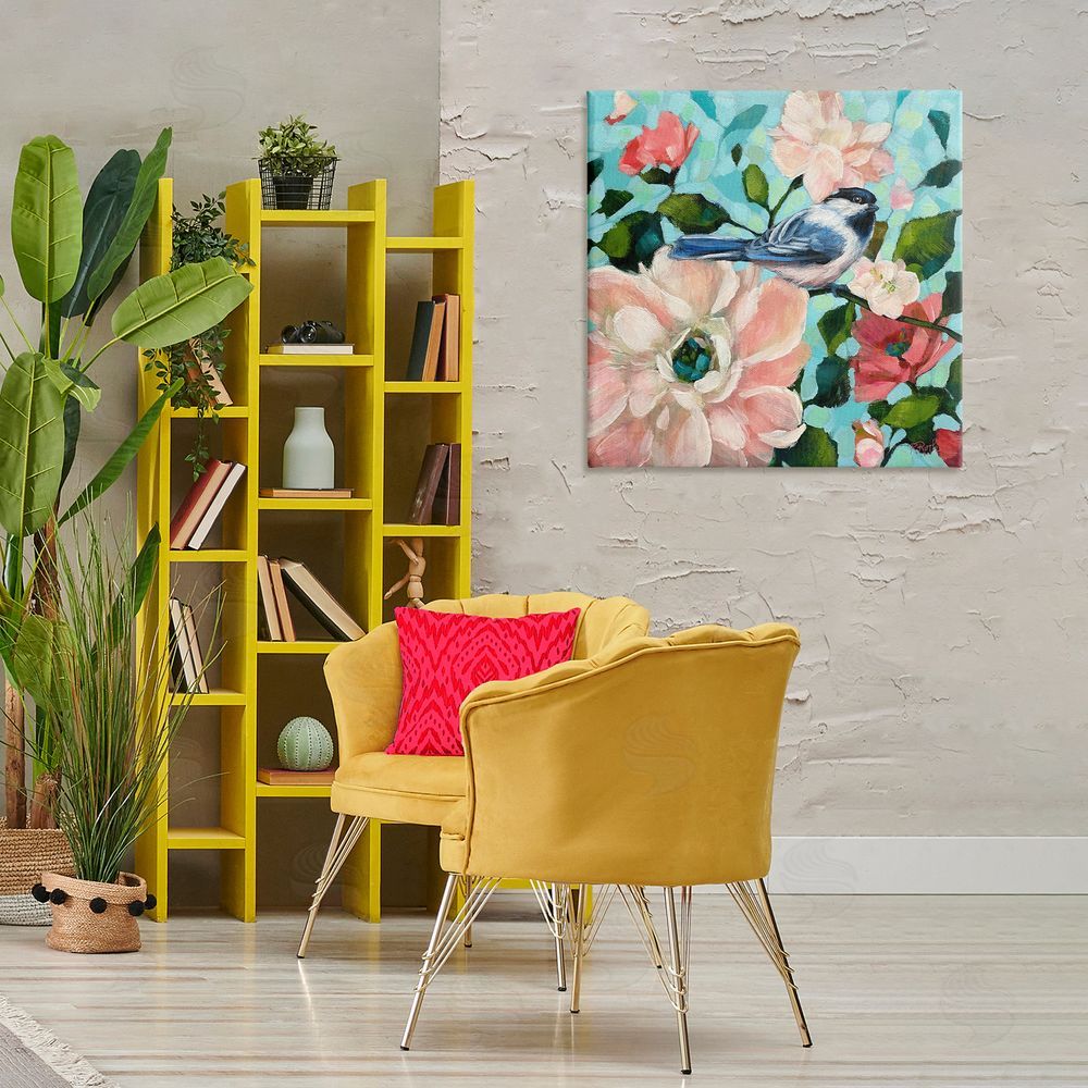 Raquel Roth Blue Bird & Bold Flowers Canvas Wall Art Print in Room