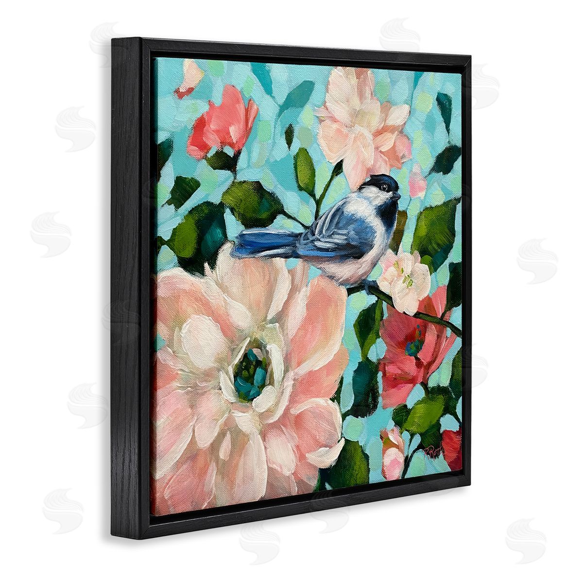 Raquel Roth Blue Bird & Bold Flowers Black Floating Frame Canvas Wall Art Print