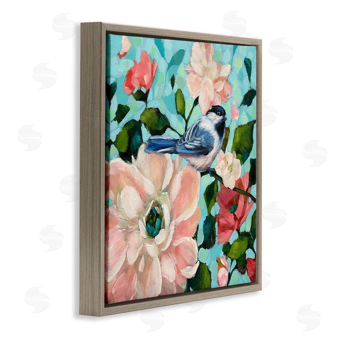 Raquel Roth Blue Bird & Bold Flowers Brown Floating Frame Canvas Wall Art Print