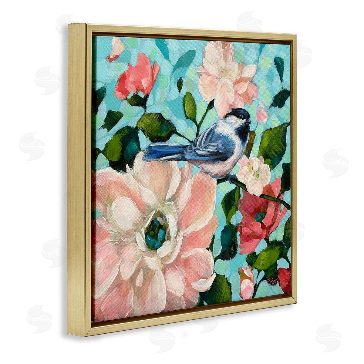 Raquel Roth Blue Bird & Bold Flowers Gold Floating Frame Canvas Wall Art Print