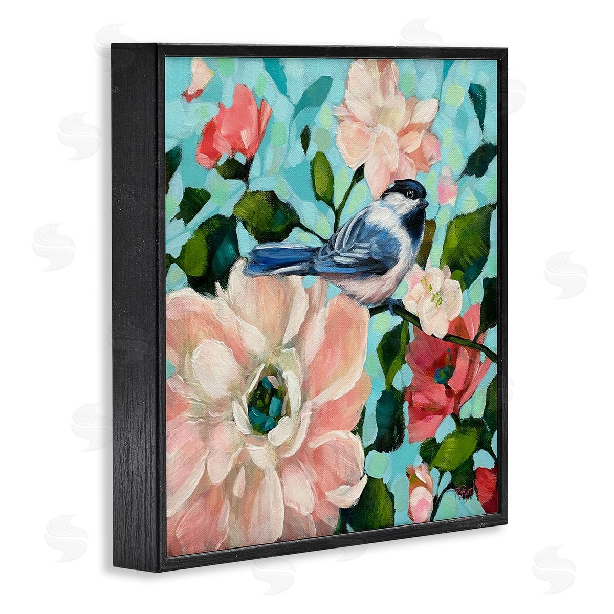 Raquel Roth Blue Bird & Bold Flowers Black Framed Giclee Wall Art Print