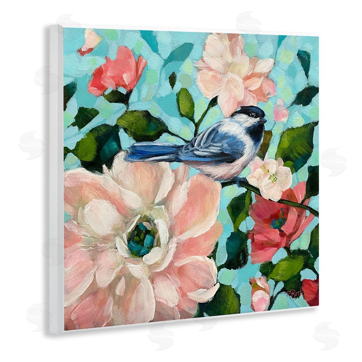 Raquel Roth Blue Bird & Bold Flowers Wooden Wall Plaque Art Print