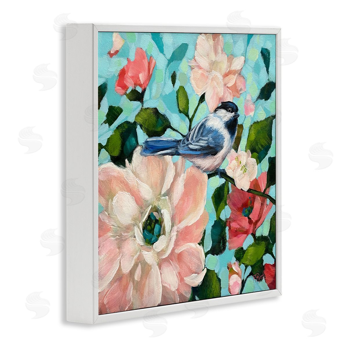 Raquel Roth Blue Bird & Bold Flowers White Framed Giclee Wall Art Print