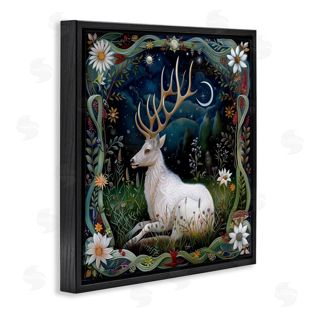 The Dutch Lady White Deer Forest Scene Black Floating Frame Canvas Wall Art Print