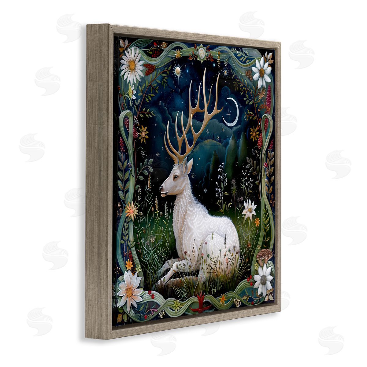 The Dutch Lady White Deer Forest Scene Brown Floating Frame Canvas Wall Art Print