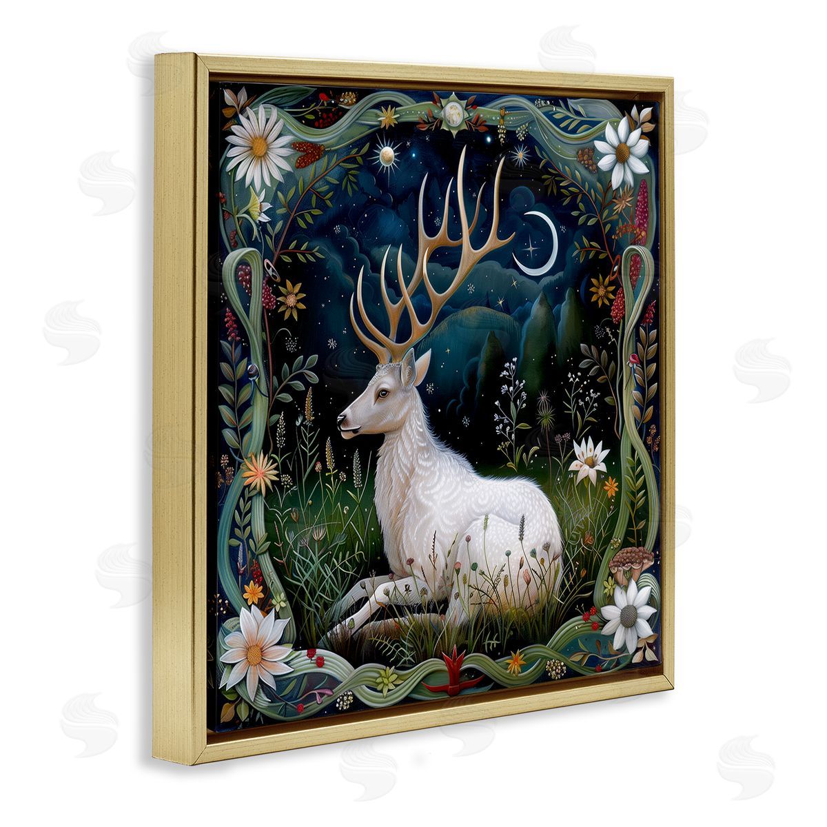 The Dutch Lady White Deer Forest Scene Gold Floating Frame Canvas Wall Art Print