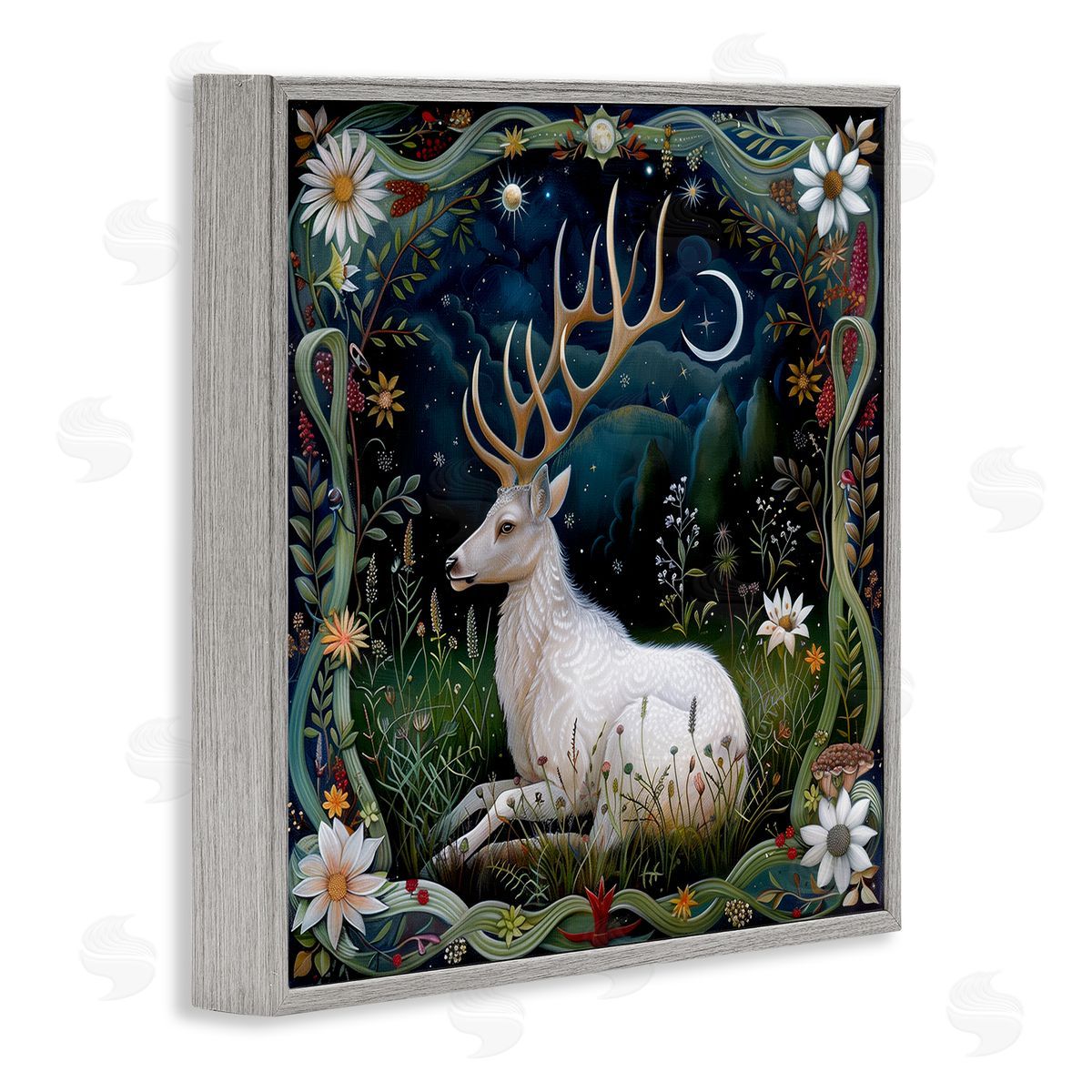 The Dutch Lady White Deer Forest Scene Gray Framed Giclee Wall Art Print