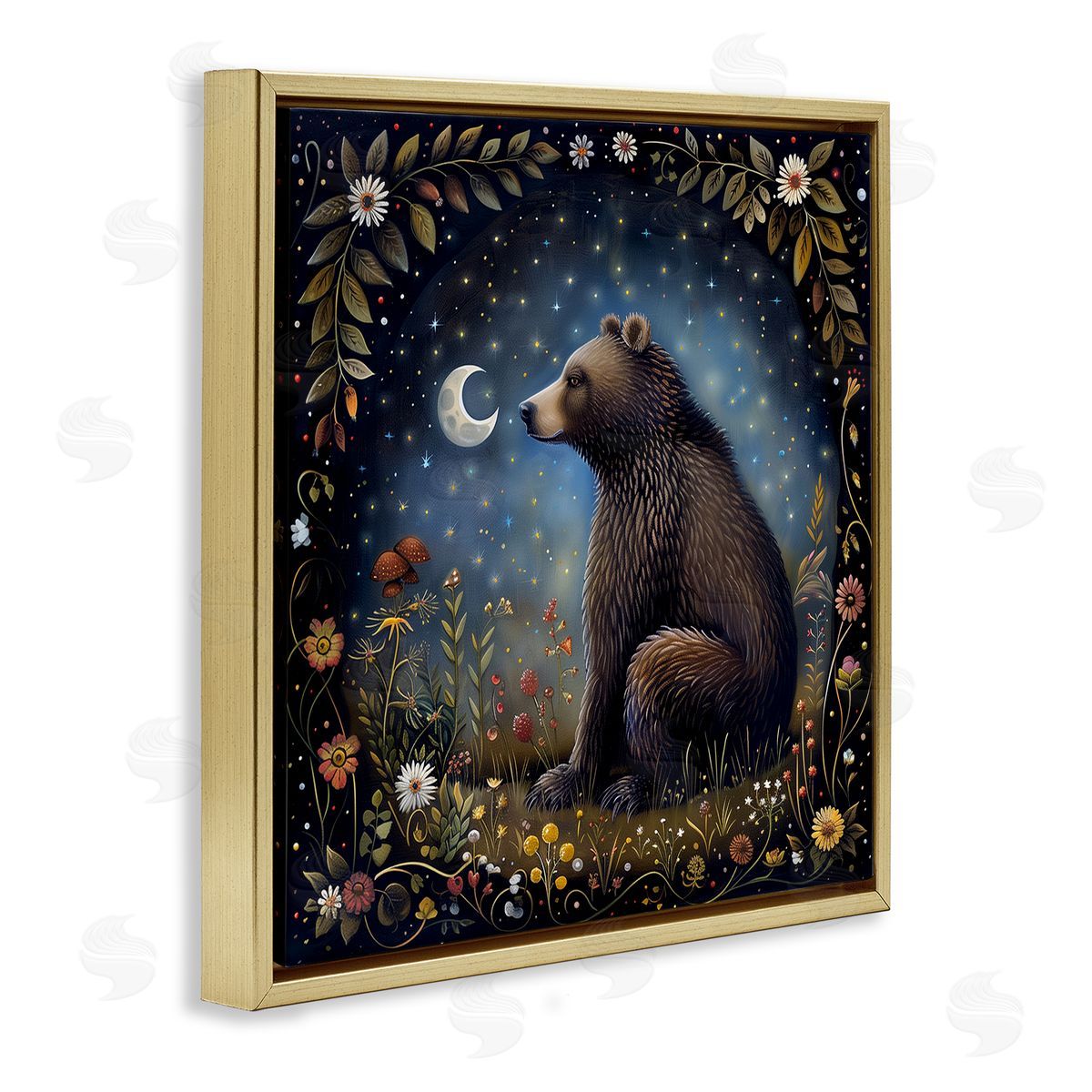 The Dutch Lady Woodland Bear Night Forest Gold Floating Frame Canvas Wall Art Print
