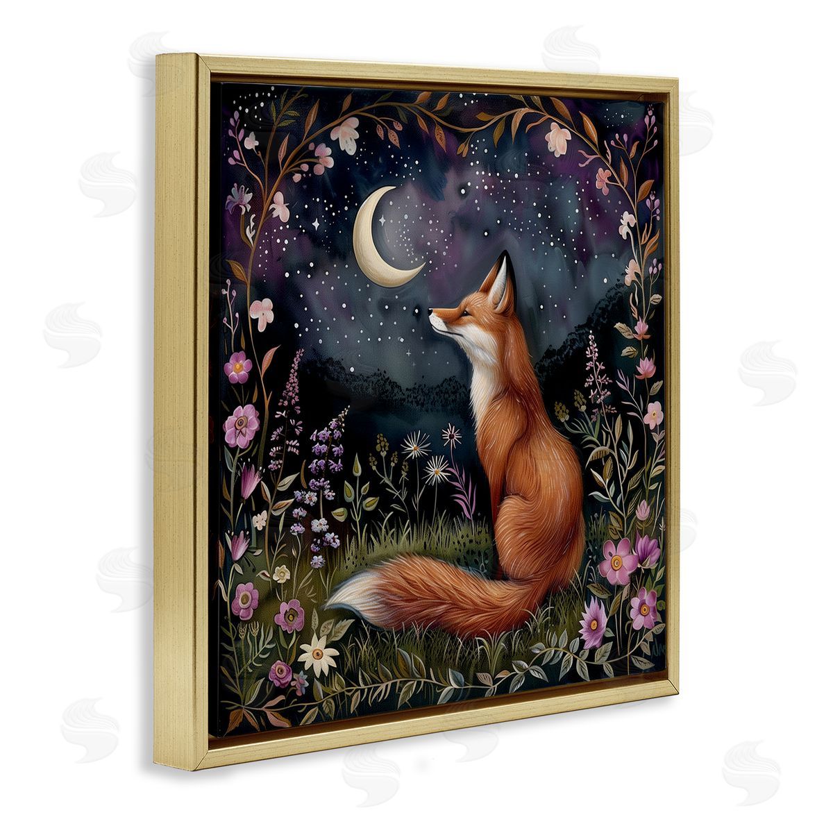 The Dutch Lady Woodland Fox Night Forest Gold Floating Frame Canvas Wall Art Print