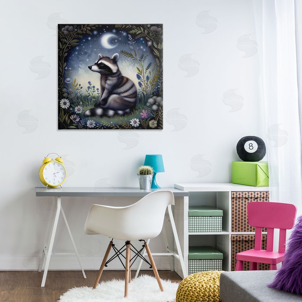 The Dutch Lady Raccoon Under Night Forest Canvas Wall Art Print in Room