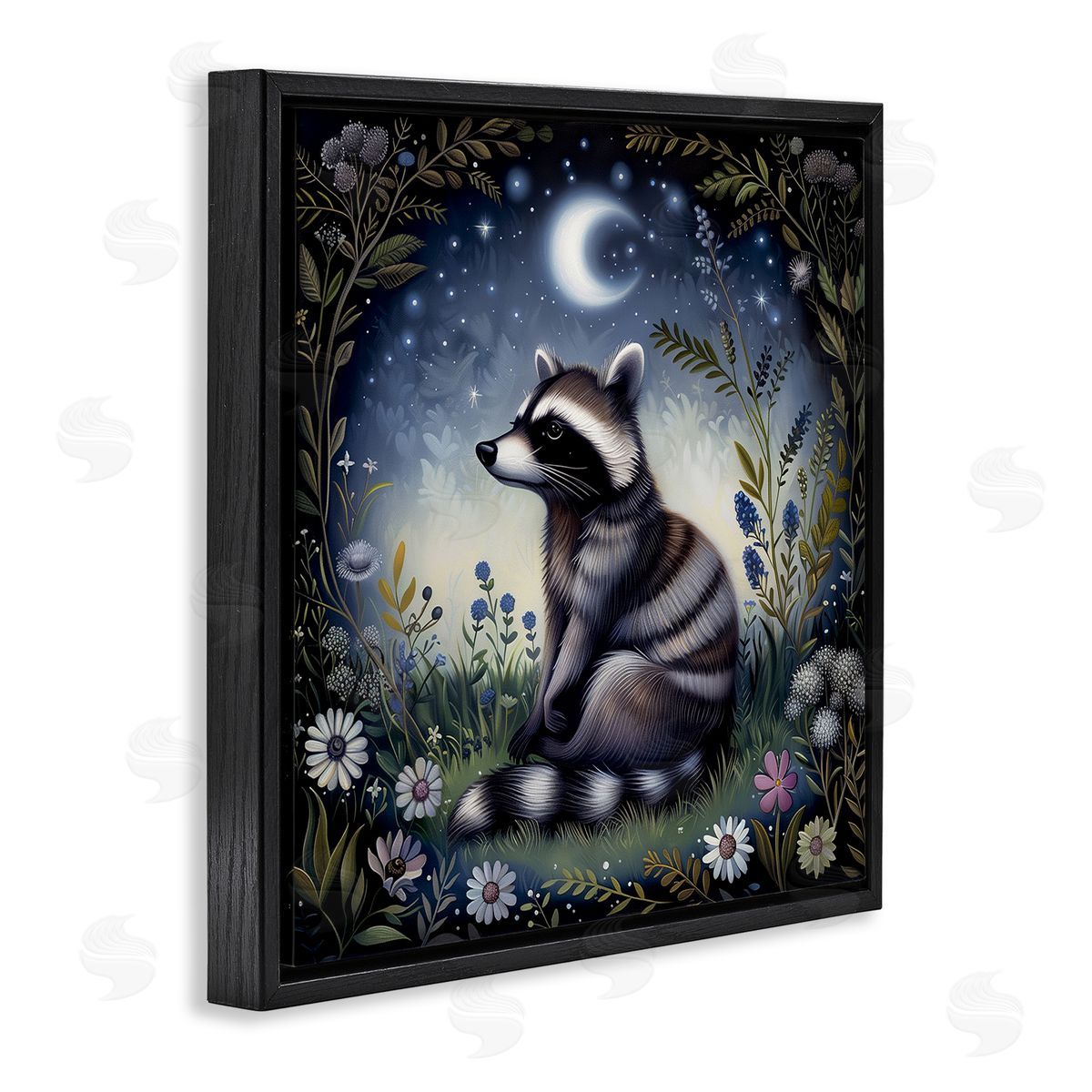 The Dutch Lady Raccoon Under Night Forest Black Floating Frame Canvas Wall Art Print