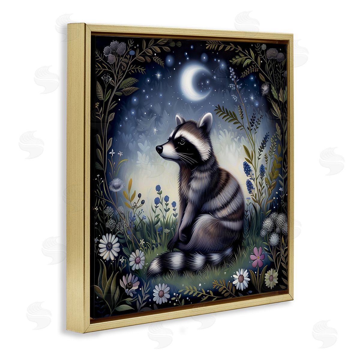 The Dutch Lady Raccoon Under Night Forest Gold Floating Frame Canvas Wall Art Print