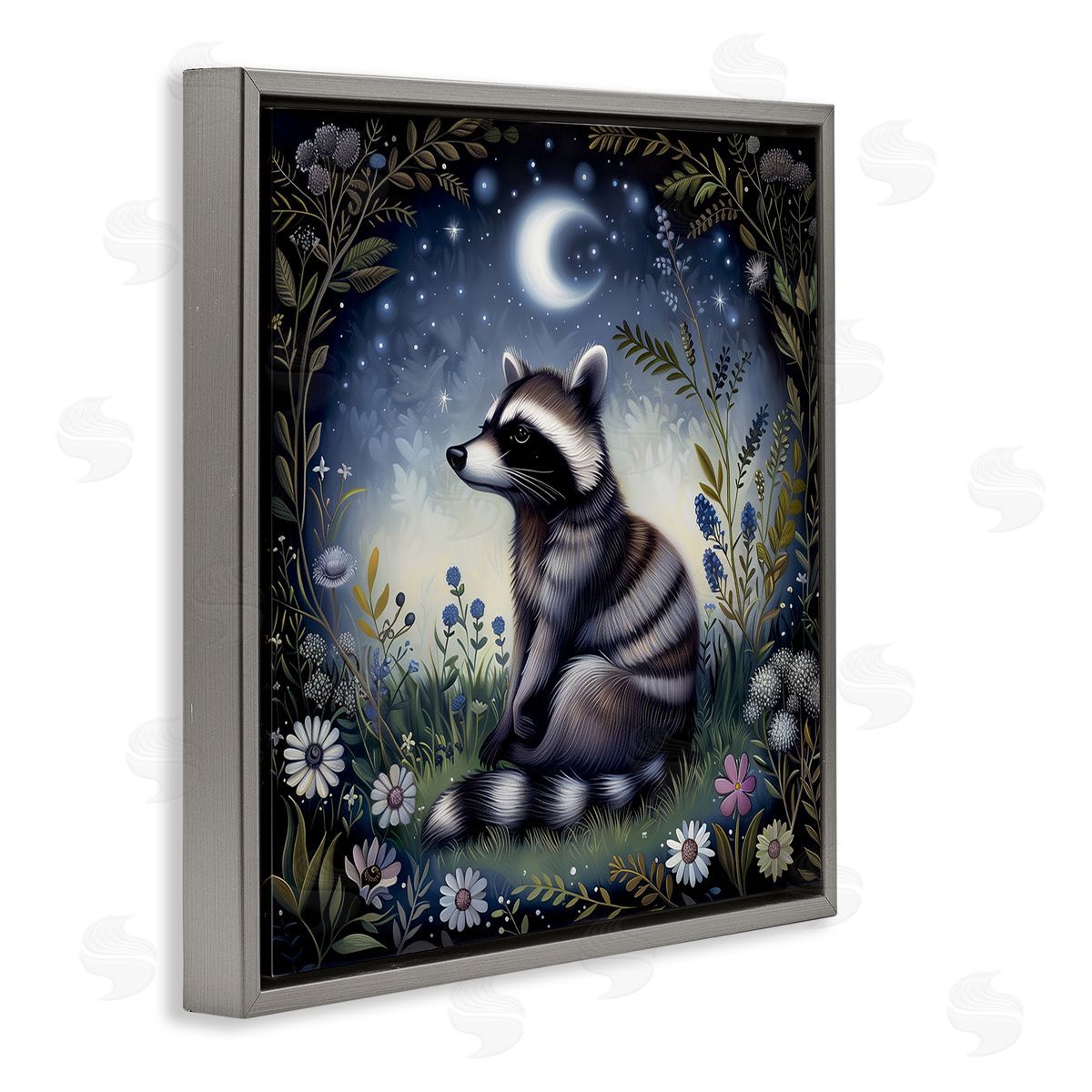 The Dutch Lady Raccoon Under Night Forest Gray Floating Frame Canvas Wall Art Print