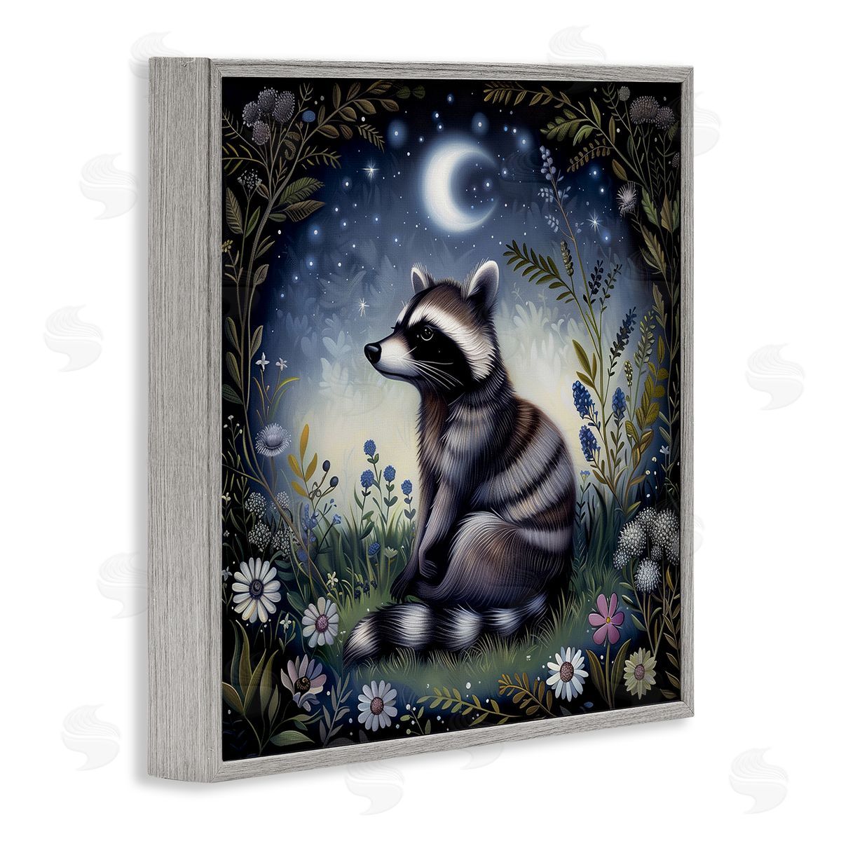 The Dutch Lady Raccoon Under Night Forest Gray Framed Giclee Wall Art Print