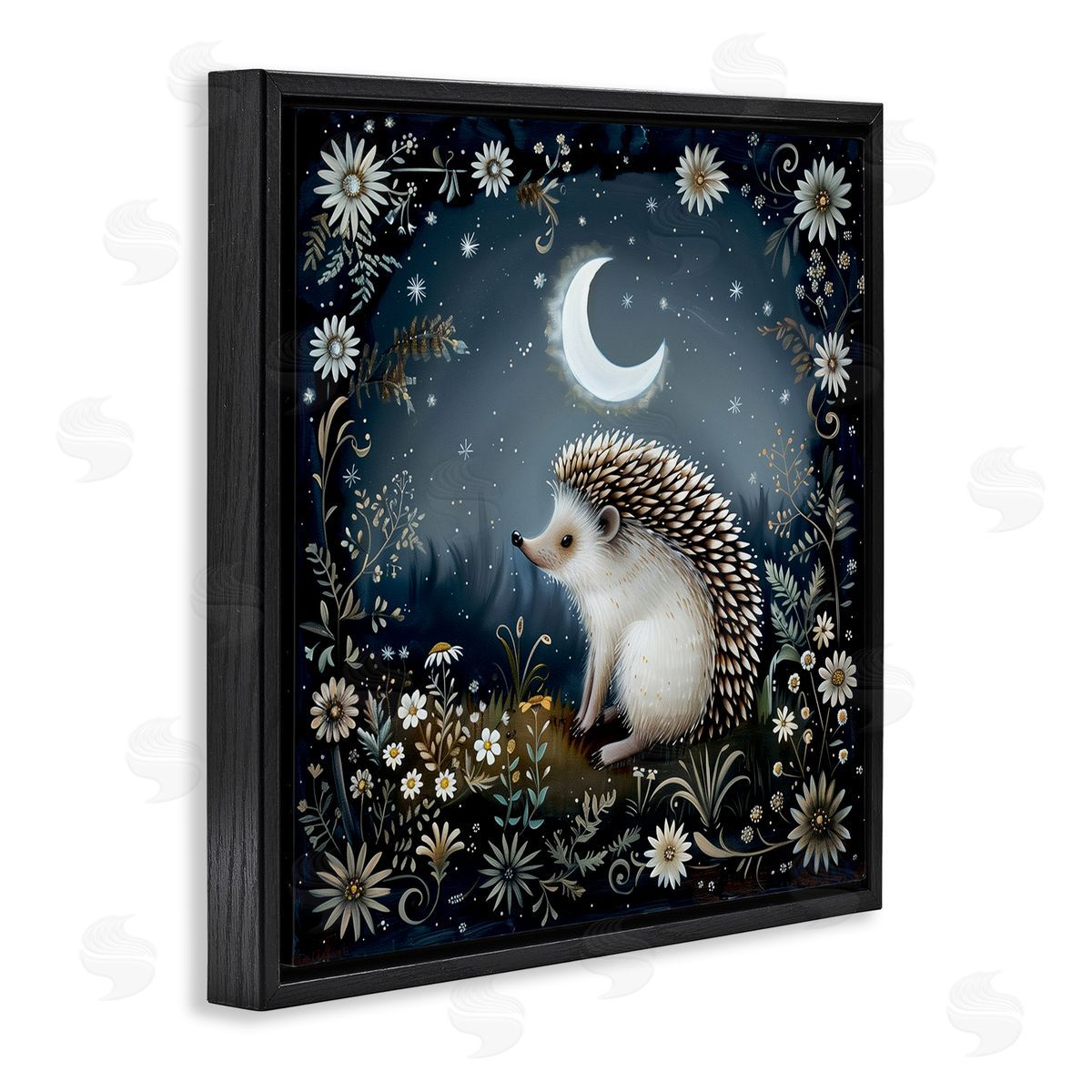 The Dutch Lady Hedgehog Under Forest Moon Black Floating Frame Canvas Wall Art Print