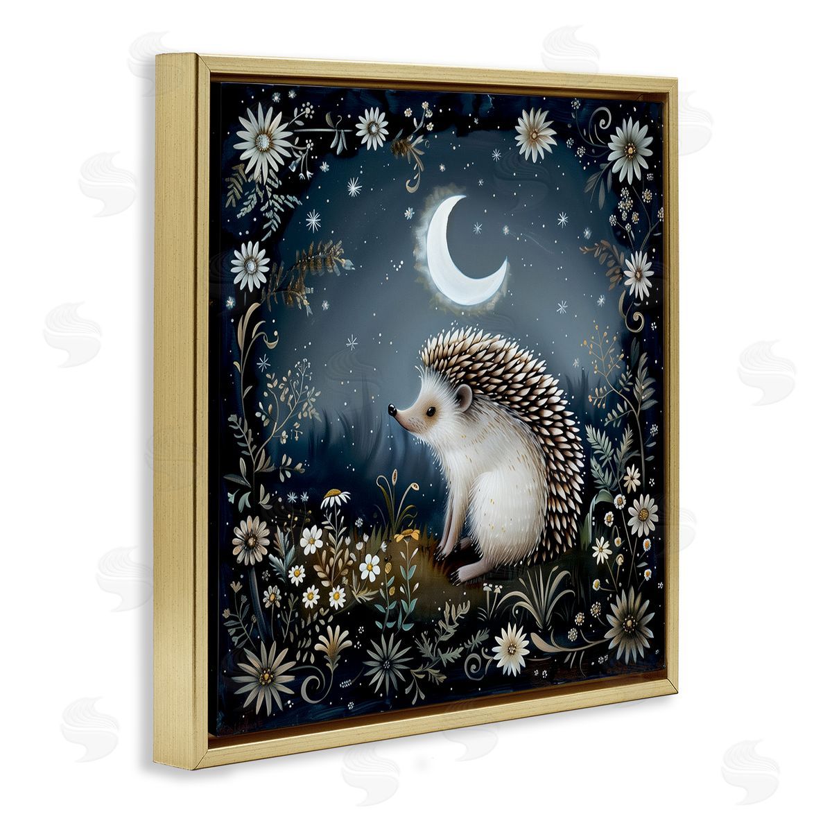 The Dutch Lady Hedgehog Under Forest Moon Gold Floating Frame Canvas Wall Art Print