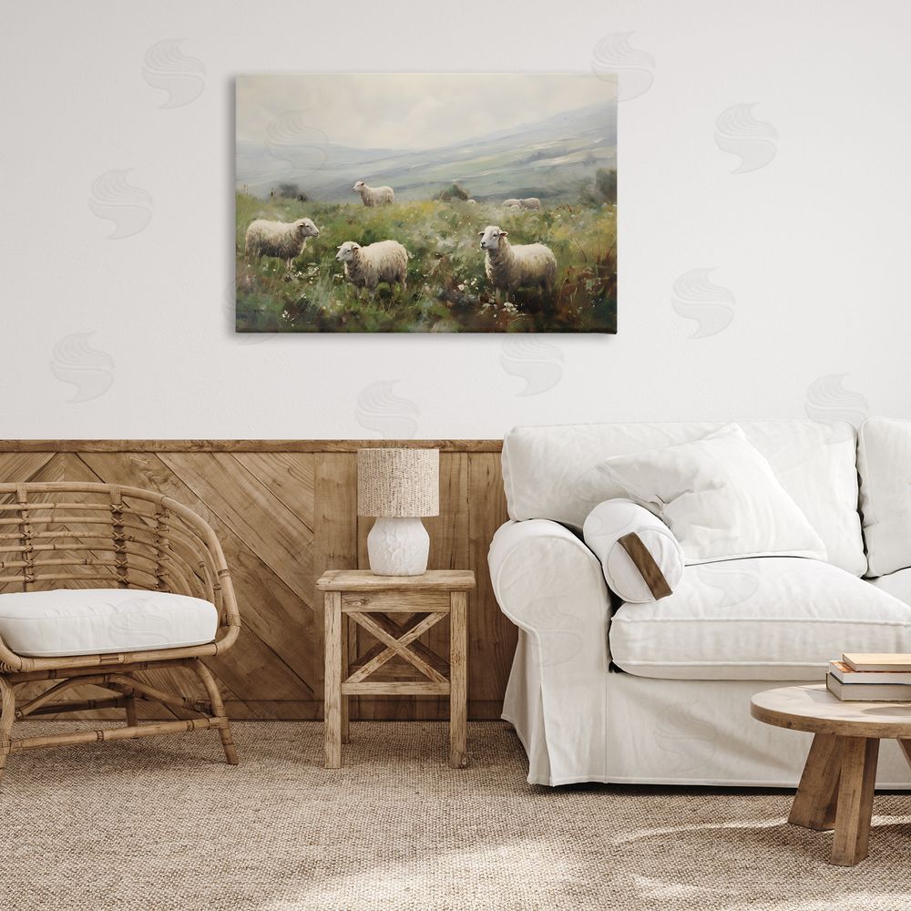 Petal Prints Design Misty Sheep Pasture Canvas Wall Art Print in Room
