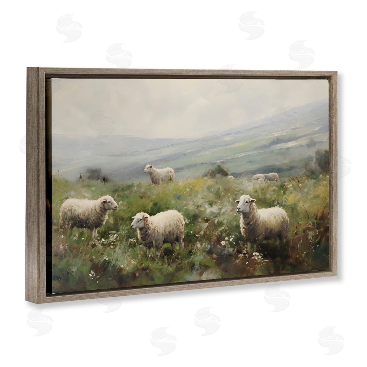 Petal Prints Design Misty Sheep Pasture Brown Floating Frame Canvas Wall Art Print