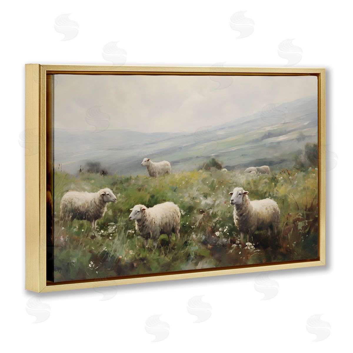 Petal Prints Design Misty Sheep Pasture Gold Floating Frame Canvas Wall Art Print