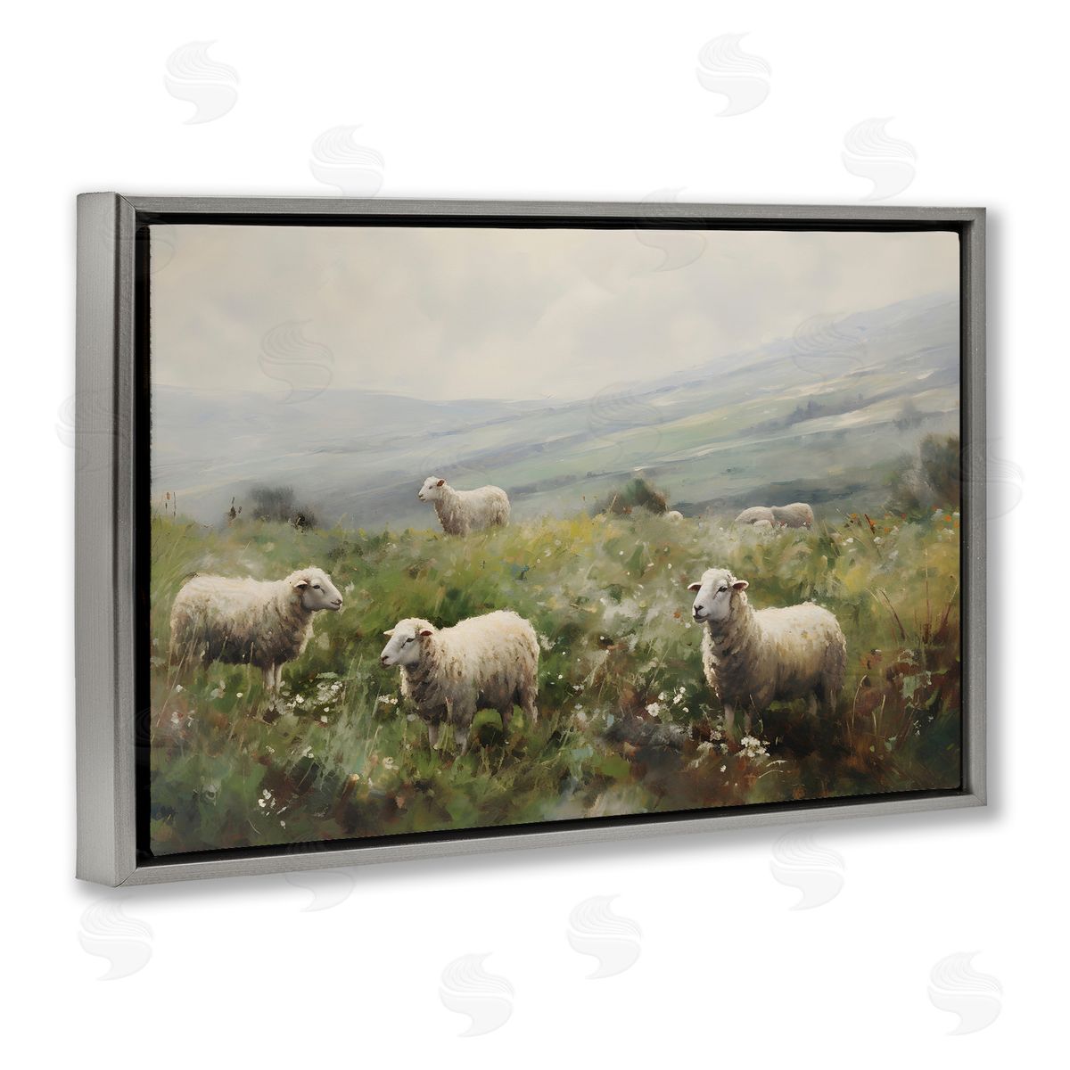Petal Prints Design Misty Sheep Pasture Gray Floating Frame Canvas Wall Art Print