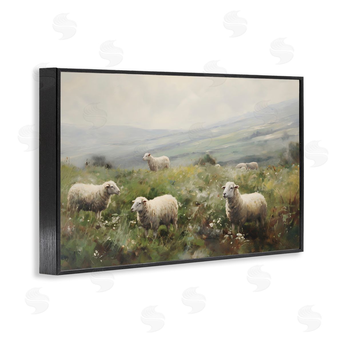 Petal Prints Design Misty Sheep Pasture Black Framed Giclee Wall Art Print