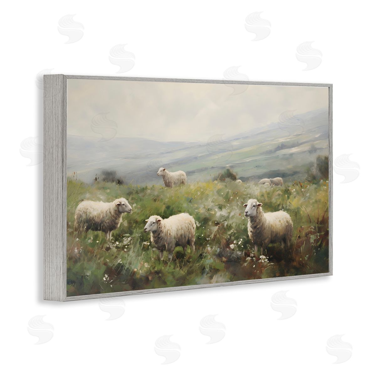 Petal Prints Design Misty Sheep Pasture Gray Framed Giclee Wall Art Print