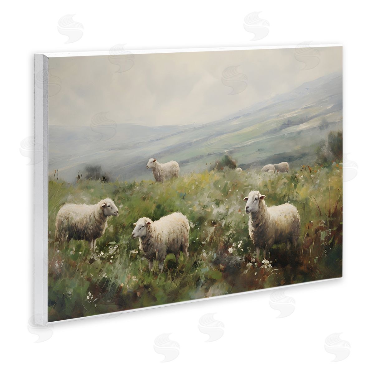 Petal Prints Design Misty Sheep Pasture Wooden Wall Plaque Art Print