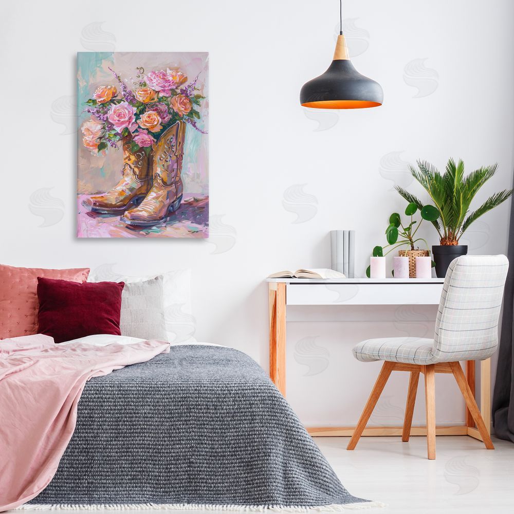 Petal Prints Design Floral Boots Bouquet Canvas Wall Art Print in Room