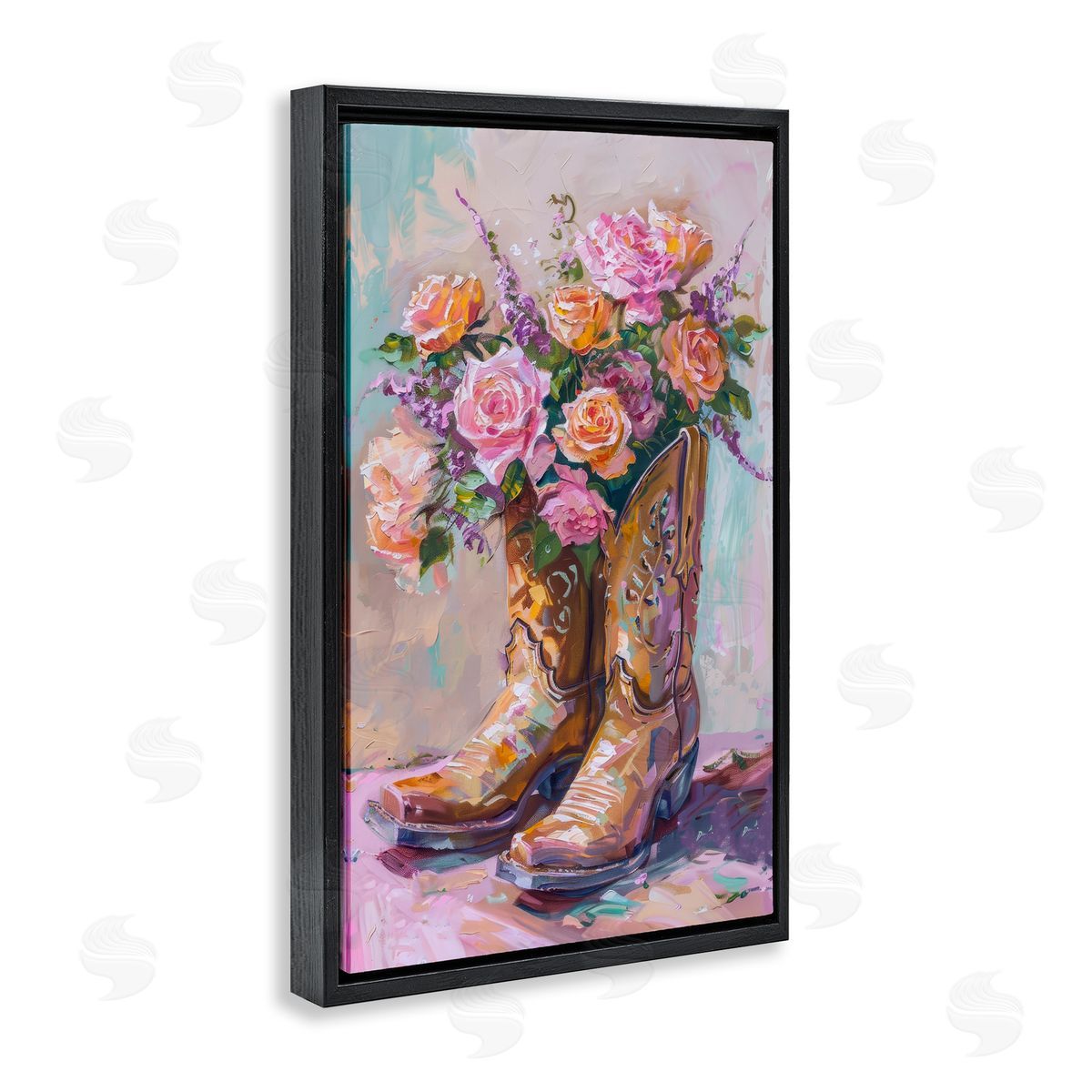 Petal Prints Design Floral Boots Bouquet Black Floating Frame Canvas Wall Art Print