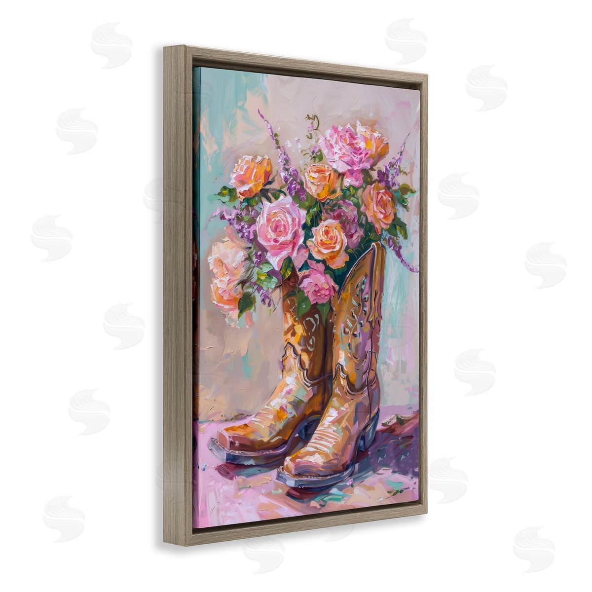 Petal Prints Design Floral Boots Bouquet Brown Floating Frame Canvas Wall Art Print