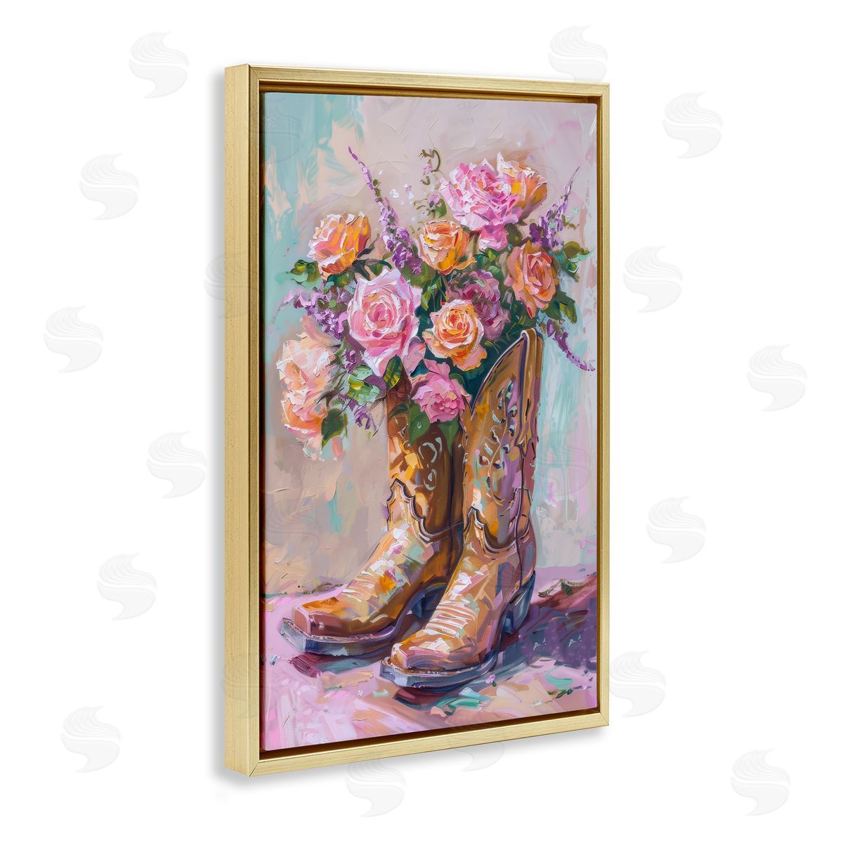 Petal Prints Design Floral Boots Bouquet Gold Floating Frame Canvas Wall Art Print
