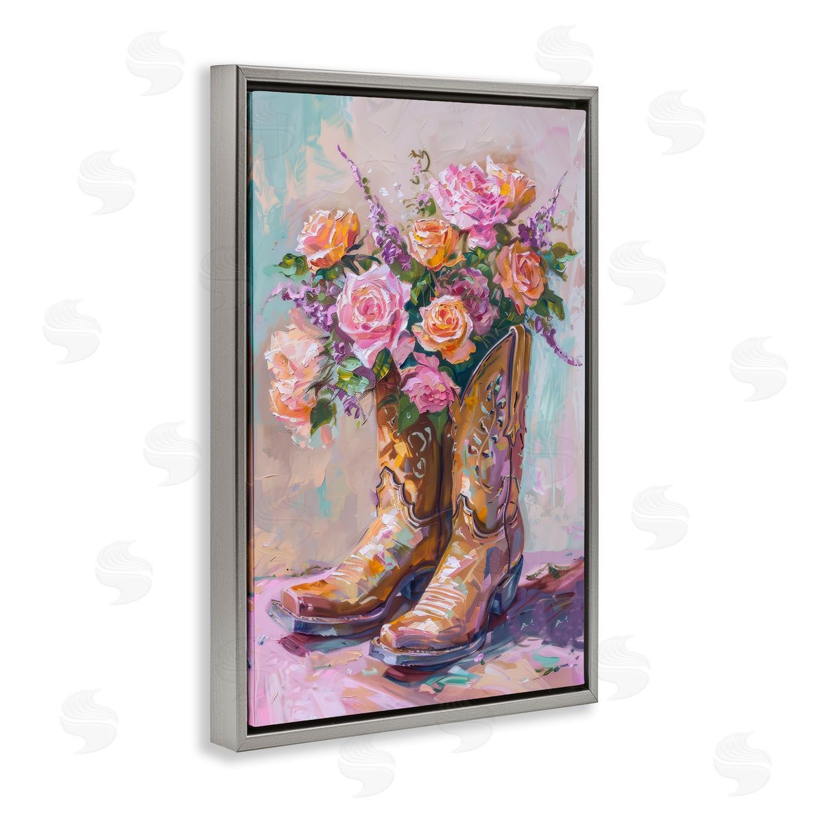 Petal Prints Design Floral Boots Bouquet Gray Floating Frame Canvas Wall Art Print