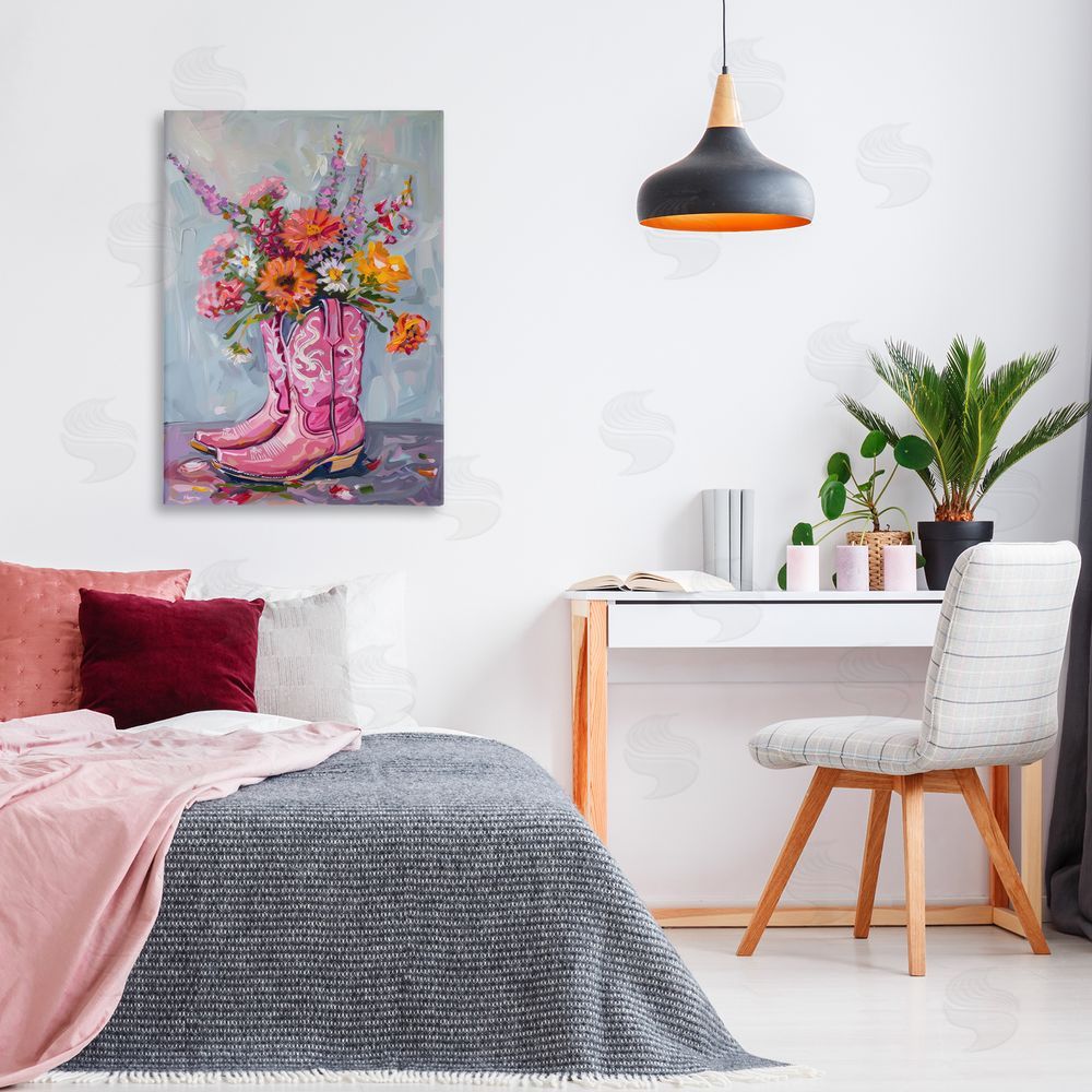 Petal Prints Design Floral Cowboy Boots Canvas Wall Art Print in Room