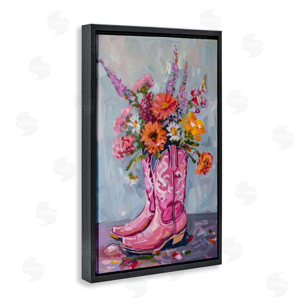 Petal Prints Design Floral Cowboy Boots Black Floating Frame Canvas Wall Art Print