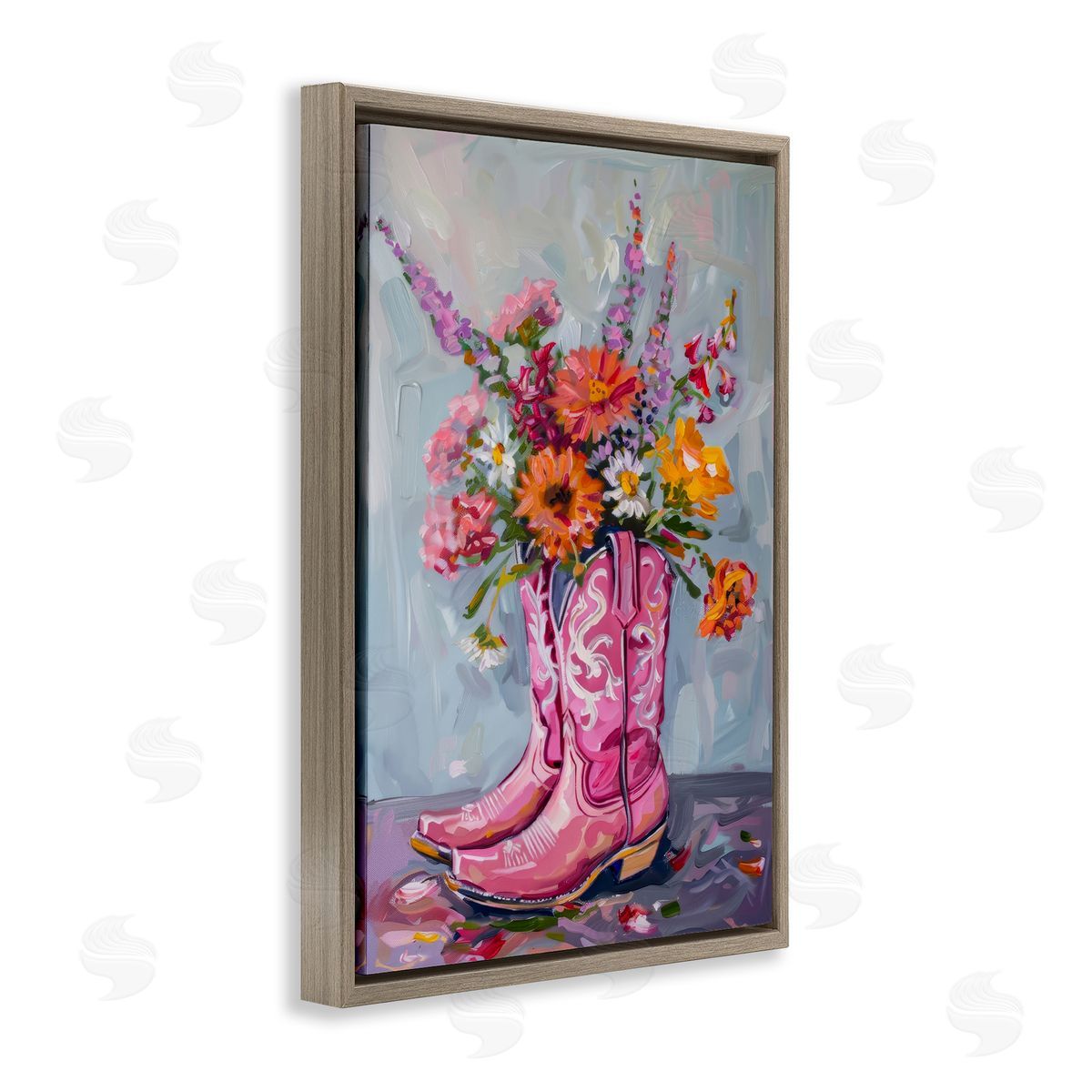 Petal Prints Design Floral Cowboy Boots Brown Floating Frame Canvas Wall Art Print
